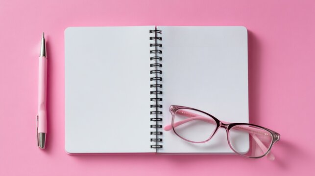 Open notebook with pen and glasses on pink - Powered by Adobe