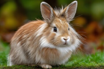 Fototapeta premium Fluffy Brown and Image White Rabbit Sitting on Green Grass