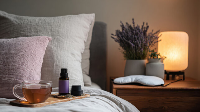 Relaxing bedtime ritual with herbal tea and sleep aids for a restful night&rsquo;s sleep