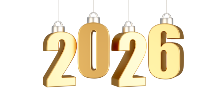 2026 isolated hanging gold text in 3D rendering isolated on white background
