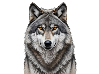 Fierce Gray Wolf Close-Up with Glowing Amber Eyes – Isolated on Transparent Background PNG