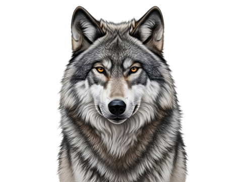 Fierce Gray Wolf Close-Up with Glowing Amber Eyes – Isolated on Transparent Background PNG