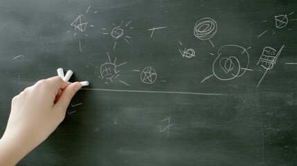 Child's hand drawing on a blackboard with chalk, creating simple shapes and lines.