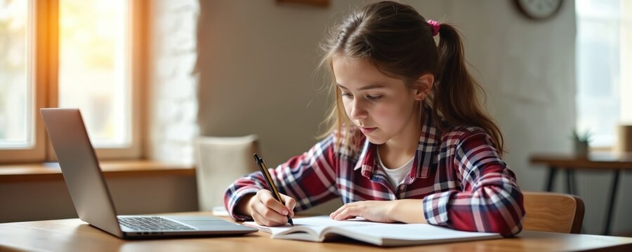Young girl sits at desk using laptop writing in notebook. Female student doing homework. She studies online at home. Education learning concept during covid lockdown.