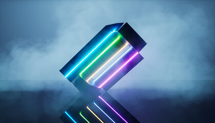 Abstract geometric sculpture with vibrant neon lights in blue and pink glowing with reflections on wet floor against misty blue background futuristic concept