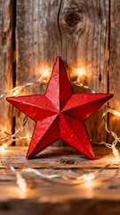 Red paper star with fairy lights on a rustic wooden background