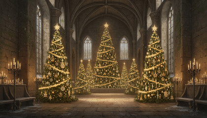 Christmas trees in a medieval castle with festive decorations and warm atmosphere
