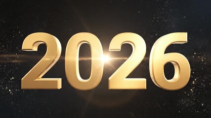 Golden, three-dimensional numbers '2026' gleam luxuriously, illuminated by a brilliant central lens flare and sparkling particles against a deep, dark background. This elegant and celebratory visual i