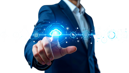Businessperson points to a glowing cloud icon representing data and digital connection