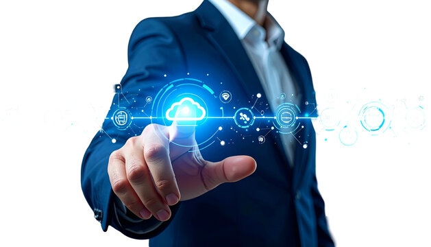 Businessperson points to a glowing cloud icon representing data and digital connection