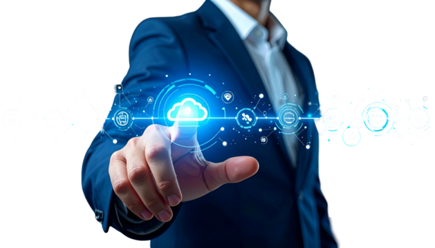 Businessperson points to a glowing cloud icon representing data and digital connection - Powered by Adobe