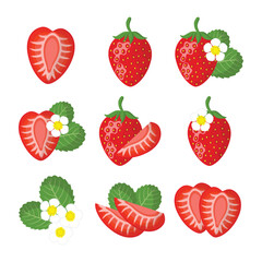 Fresh strawberry vector set with berries and flowers for healthy eating designs