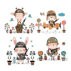 A set of illustrations featuring a giraffe, bunny, puppy, and bird in stylized military outfits, surrounded by flowers and decorative plants. Soft cartoon style focused on charm and whimsy