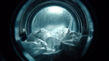 Medium shot of a frontloading washing machine operating quietly highlighting ecofriendly water and power consumption in everyday laundry routines. - Powered by Adobe