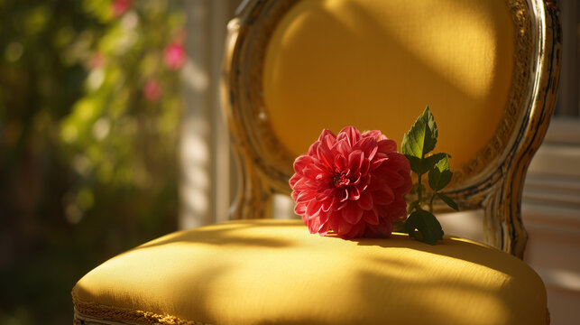 Red dahlia flower on antique chair yellow cushion floral still life photography art decor wallpaper image