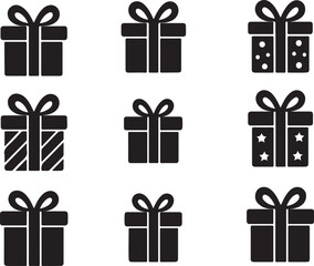 Collection of black silhouette gift box icons