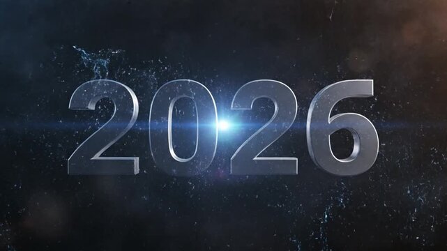 This dynamic and visually striking animated graphic features the metallic, three-dimensional numerals '2026' glowing with a vibrant, electric blue neon outline. The numbers emerge from a dark, abstrac