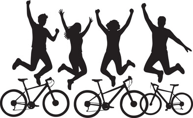 group of people jumping with bicycles, joyful celebration pose, unity and energy concept for outdoor activity design