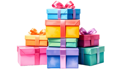 A colorful stack of wrapped presents with ribbons, isolated on a transparent background