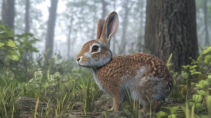 Fototapeta premium A brown rabbit standing in a grassy area with trees in the blurred background in the forest scene