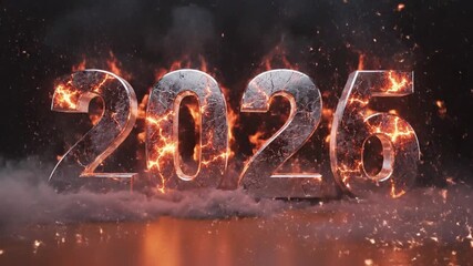 This impactful video showcases the numbers "2026" rendered in a dramatic, powerful style. The metallic numerals are intricately cracked, revealing a molten, glowing core reminiscent of lava or intense