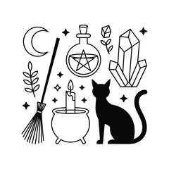 Witchcraft Magic Elements with Black Cat, Crystals and Potion Line Art Illustration