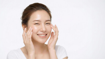 Smiling Young Asian Woman with Healthy Glowing Skin, Hands Touching Face.