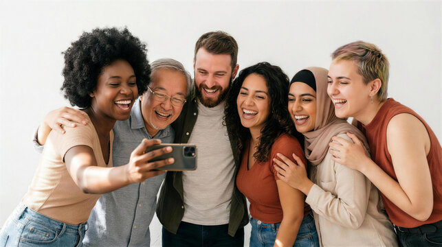 Diverse Multi-Ethnic Group of People Taking Selfie Together, Laughing Happily, Global Diversity, Community, and Friendship.