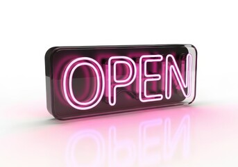 Illuminated electric sign displaying the word 'OPEN' in bright magenta light