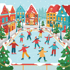 People Ice Skating in Festive Winter Town Square Illustration