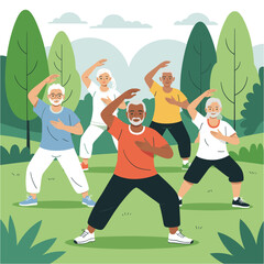 Senior People Practicing Tai Chi and Exercise in Park Illustration