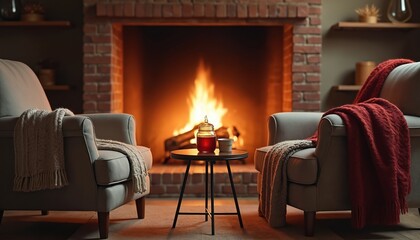 Two armchairs with blankets face a brick fireplace with a warm glowing fire. A small table with a drink sits between them, ready for guests. This cozy scene evokes comfort and togetherness.