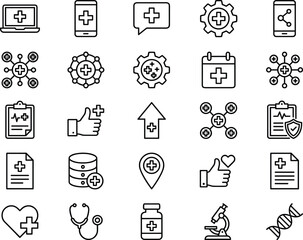 Minimalist line icons set for healthcare, telemedicine, and medical technology, including stethoscope, DNA, database, heart, sharing, diagnosis, and online health concepts, vector.