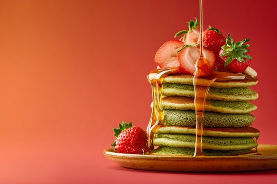 Stack of pancakes topped with fresh strawberries and syrup on a wooden table setting