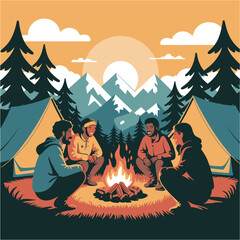 Friends Camping Around Campfire with Tents in Mountain Forest Illustration