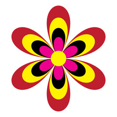 Retro flower design with bold red yellow and pink petals on black