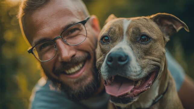 Man holding a dog in a park during a sunny day with trees in the background