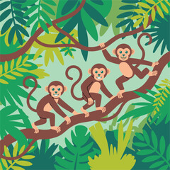 Three Monkeys Playing on Tree Branch in Tropical Jungle Illustration