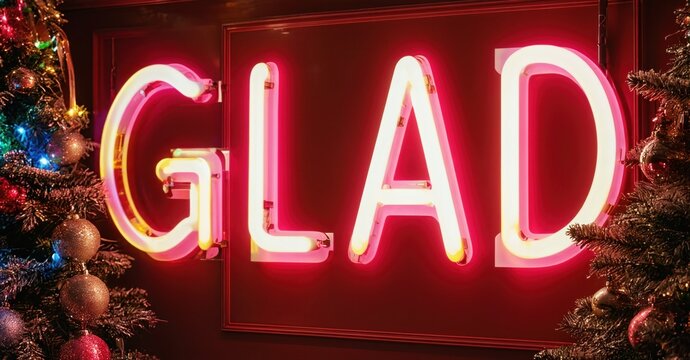 Bright neon sign spells GLAD. Festive evergreen branches frame glowing word. Red illumination creates warm holiday mood.