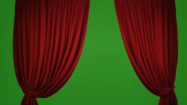 A pair of red velvet curtains are parted to reveal a bright green screen background.