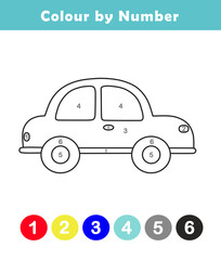 Color by Number Activity for Kids. Counting Game for Kindergarten and Preschool. Coloring Page for Children. Fun Activity Worksheet with Cute Car Illustration.