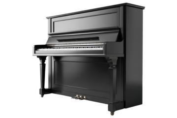 Classic upright piano isolated on transparent background. Classic upright piano with keys and pedals captured in black and white isolated on white background.