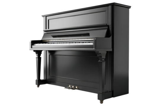 Classic upright piano isolated on transparent background. Classic upright piano with keys and pedals captured in black and white isolated on white background.
