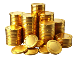 3D Gold Casino Chip Stacks with Shiny Coin Piles, Isolated PNG