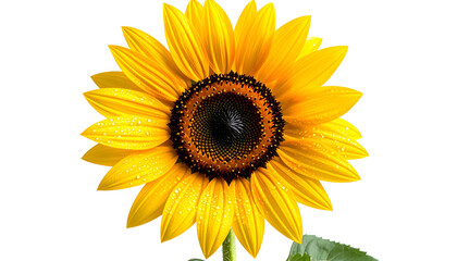 Naklejka premium Isolated vibrant sunflower with dewdrops, bright yellow petals, and dark center