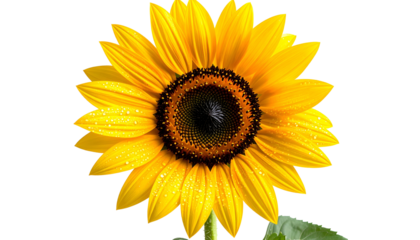 Isolated vibrant sunflower with dewdrops, bright yellow petals, and dark center