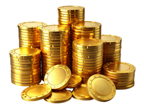 3D Gold Casino Chip Stacks with Shiny Coin Piles, Isolated PNG