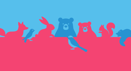 Colorful silhouettes of various animals in a vibrant landscape.