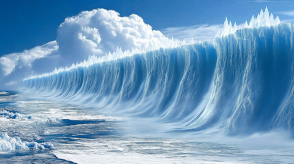 Massive ocean waves crashing against the shore under a bright blue sky with vibrant clouds