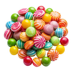 Pile of colorful hard candy and gumballs isolated on transparent background
